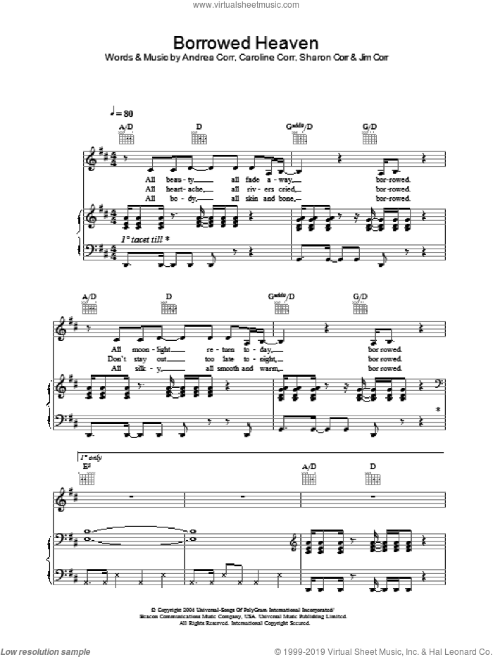 Borrowed Heaven sheet music for voice, piano or guitar by Andrea Corr, The Corrs, Caroline Corr and Sharon Corr, intermediate skill level