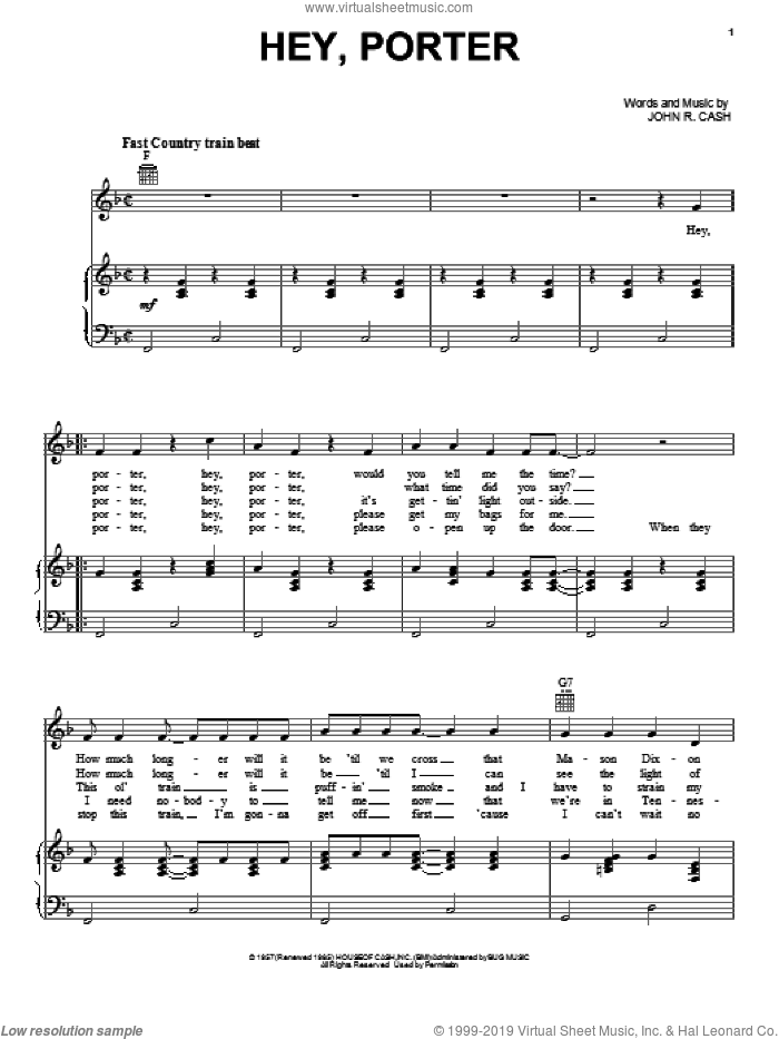 Hey, Porter sheet music for voice, piano or guitar by Johnny Cash, intermediate skill level