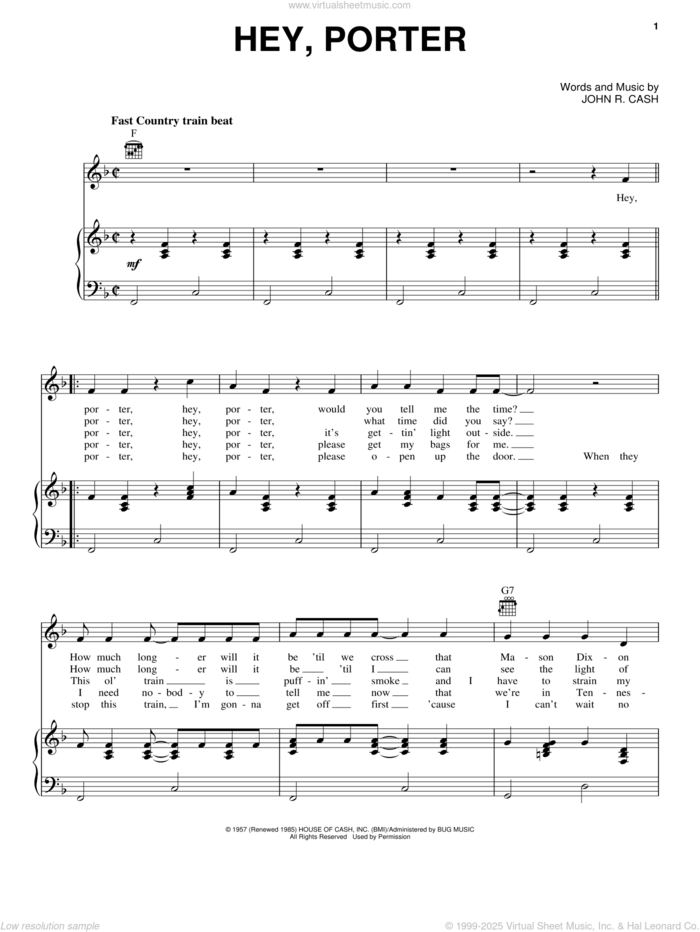 Hey, Porter sheet music for voice, piano or guitar by Johnny Cash, intermediate skill level