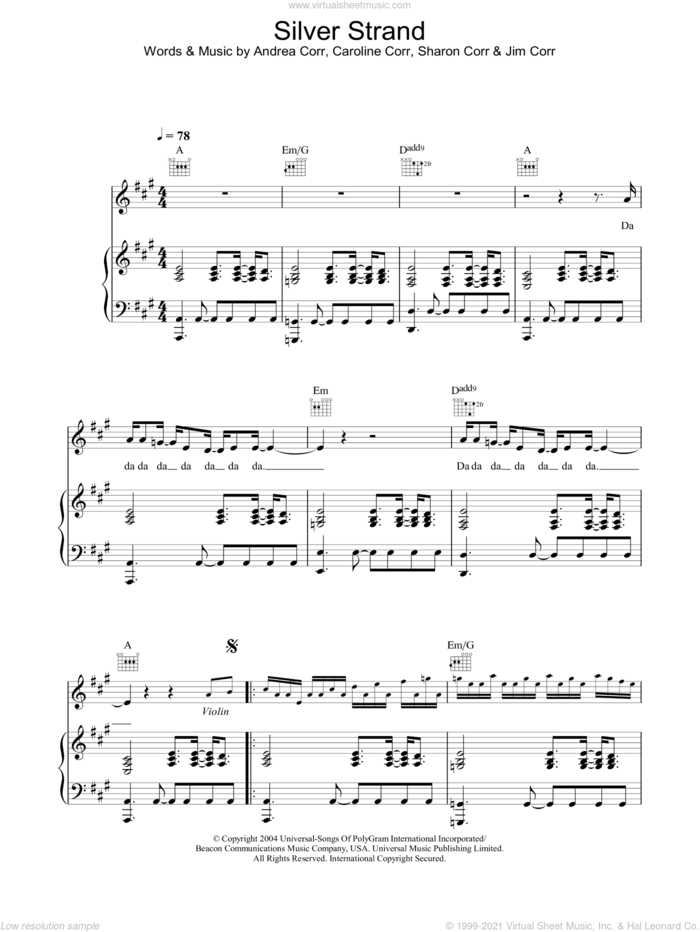 Silver Strand sheet music for voice, piano or guitar by Andrea Corr, The Corrs, Caroline Corr and Sharon Corr, intermediate skill level