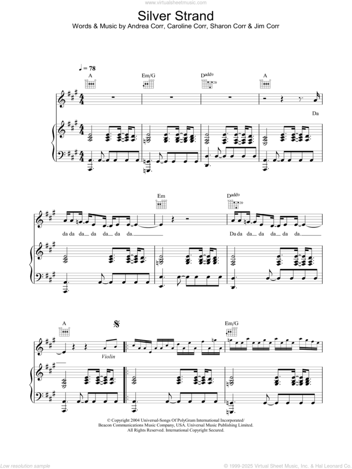 Silver Strand sheet music for voice, piano or guitar by Andrea Corr, The Corrs, Caroline Corr and Sharon Corr, intermediate skill level