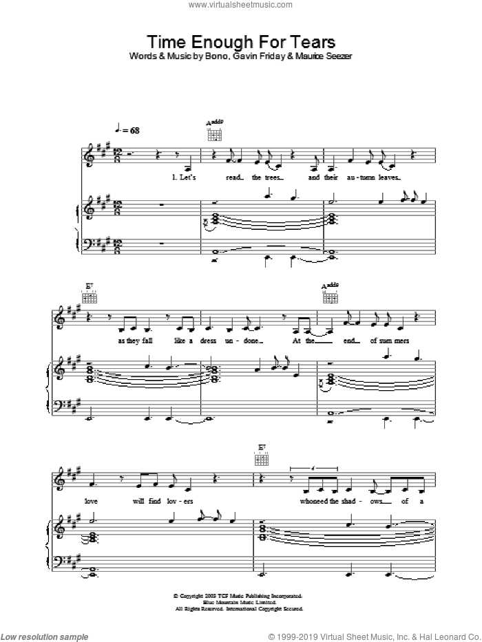 Time Enough For Tears sheet music for voice, piano or guitar by Bono, The Corrs, Gavin Friday and Maurice Seezer, intermediate skill level