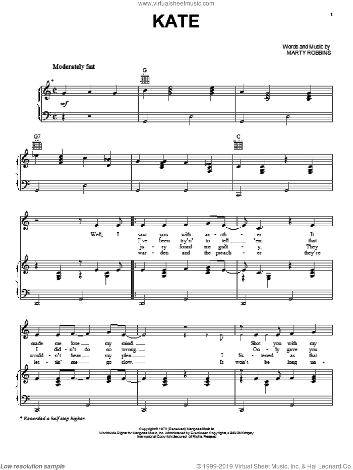 Kate sheet music for voice, piano or guitar by Johnny Cash and Marty Robbins, intermediate skill level