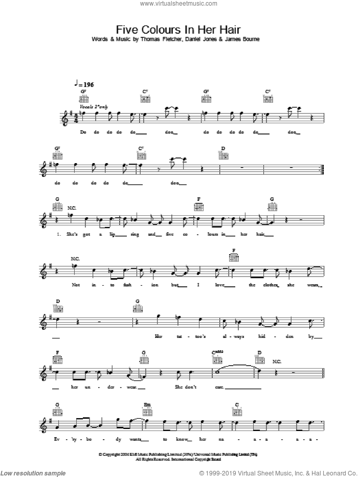 Five Colours In Her Hair sheet music for voice and other instruments (fake book) by McFly, Danny Jones, James Bourne and Thomas Fletcher, intermediate skill level