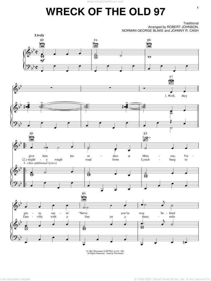 Wreck Of The Old 97 sheet music for voice, piano or guitar by Johnny Cash and Miscellaneous, intermediate skill level