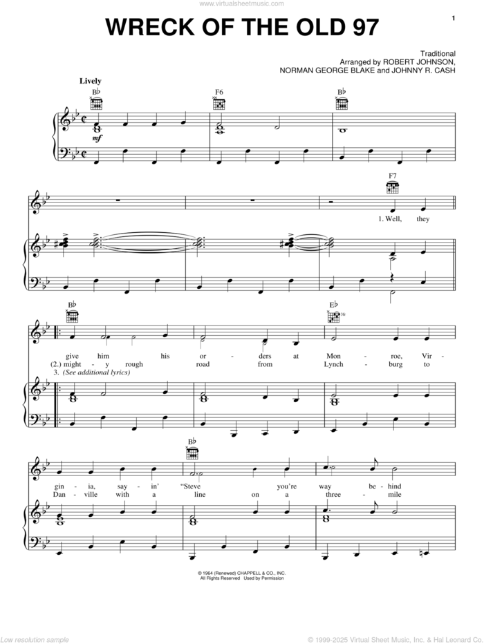 Wreck Of The Old 97 sheet music for voice, piano or guitar by Johnny Cash and Miscellaneous, intermediate skill level