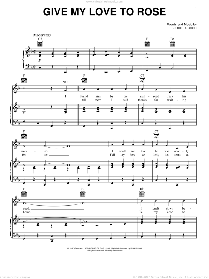 Give My Love To Rose sheet music for voice, piano or guitar by Johnny Cash, intermediate skill level