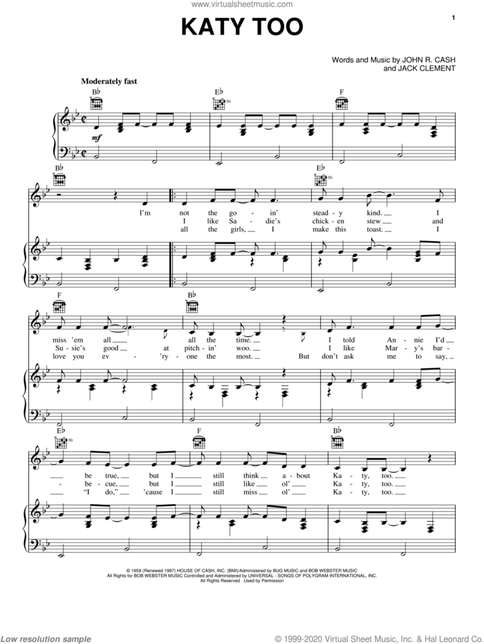 Katy Too sheet music for voice, piano or guitar by Johnny Cash and Jack Clement, intermediate skill level