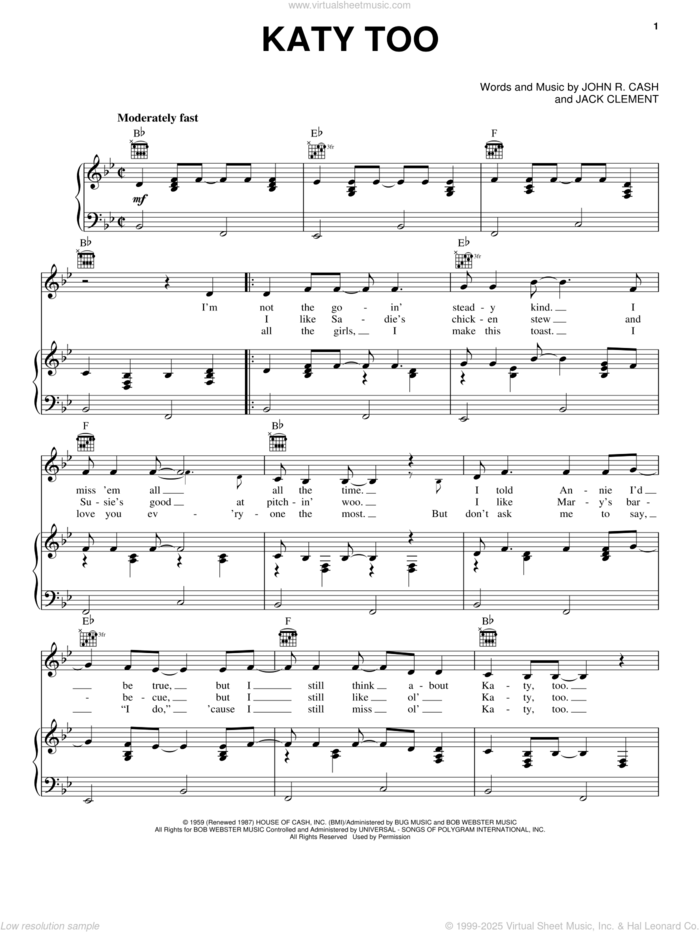 Katy Too sheet music for voice, piano or guitar by Johnny Cash and Jack Clement, intermediate skill level