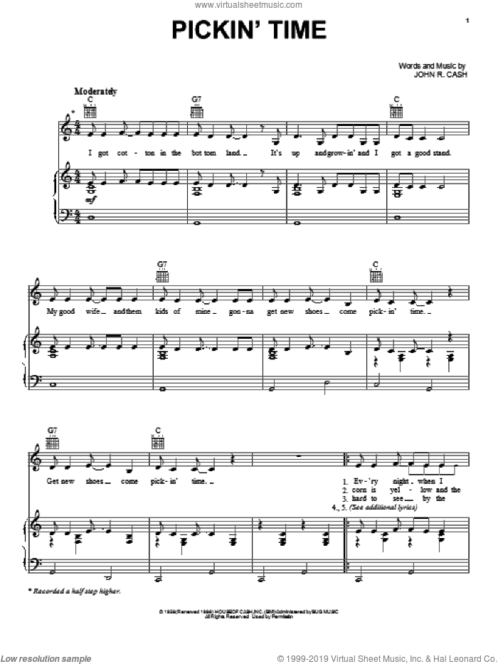 Pickin' Time sheet music for voice, piano or guitar by Johnny Cash, intermediate skill level