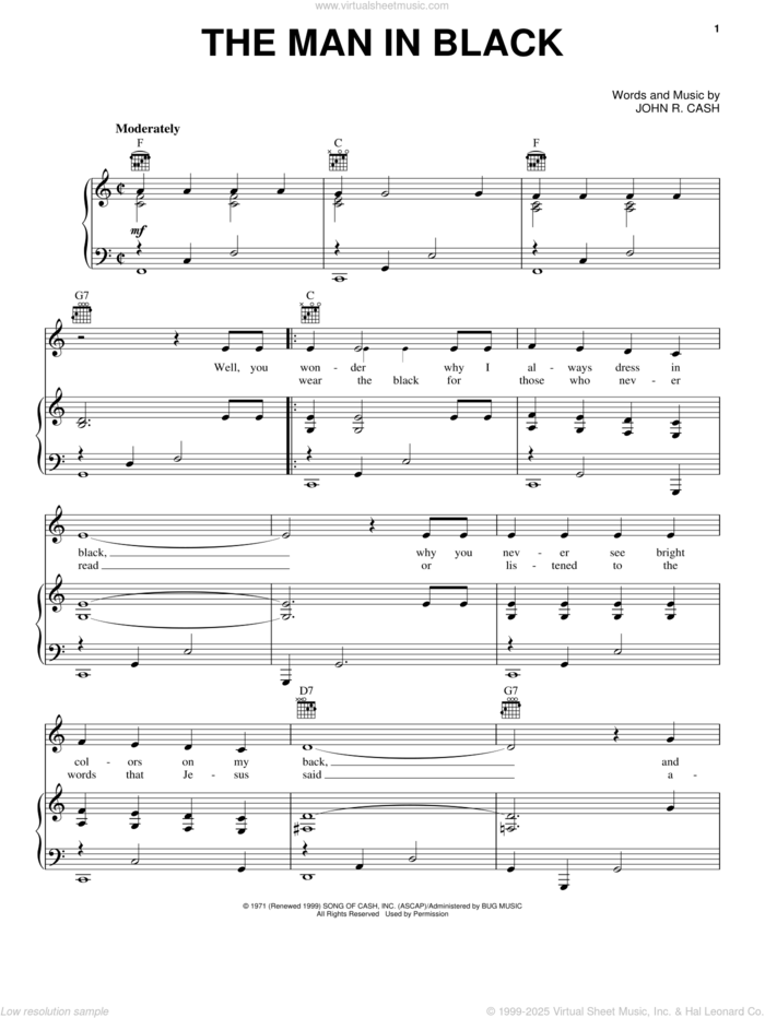 The Man In Black sheet music for voice, piano or guitar by Johnny Cash, intermediate skill level