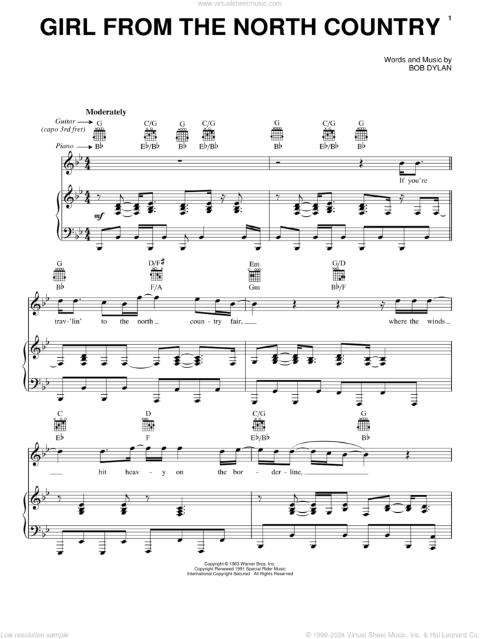 Girl From The North Country sheet music for voice, piano or guitar by Johnny Cash, Leon Russell and Bob Dylan, intermediate skill level