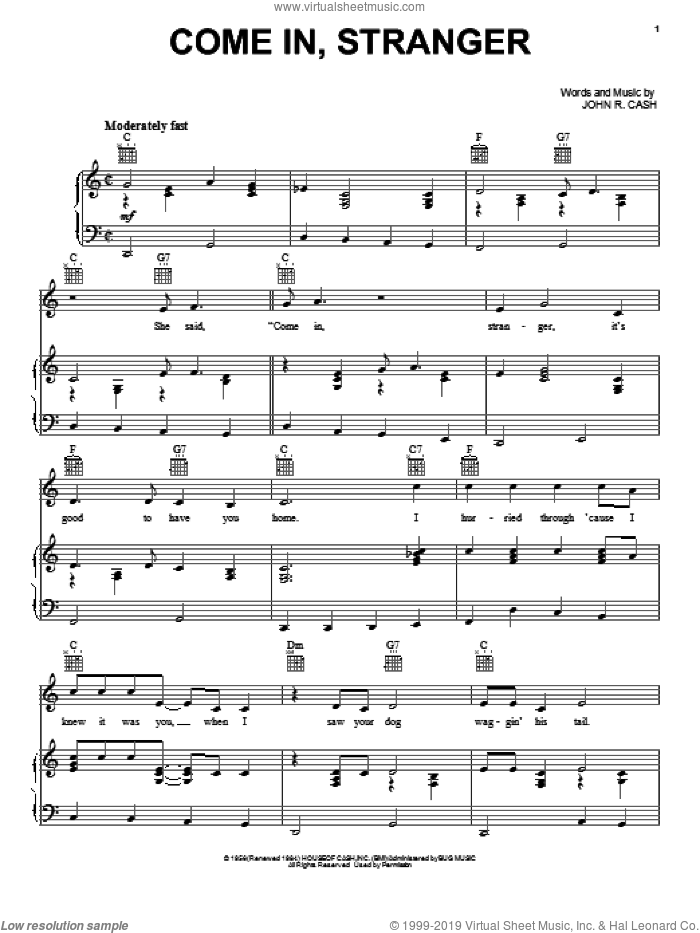 Come In, Stranger sheet music for voice, piano or guitar by Johnny Cash, intermediate skill level