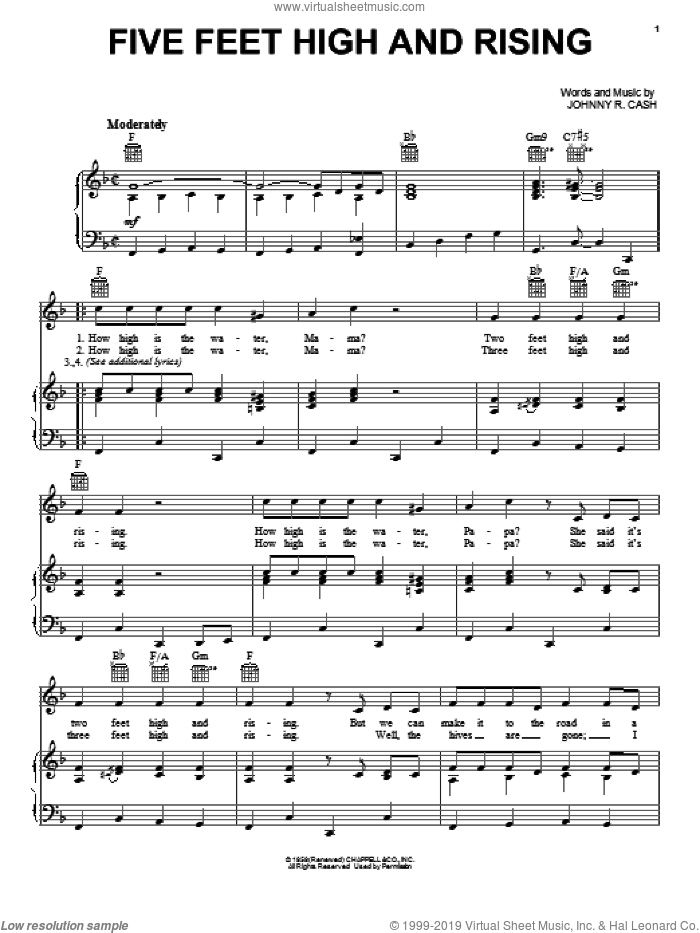 Five Feet High And Rising sheet music for voice, piano or guitar by Johnny Cash, intermediate skill level