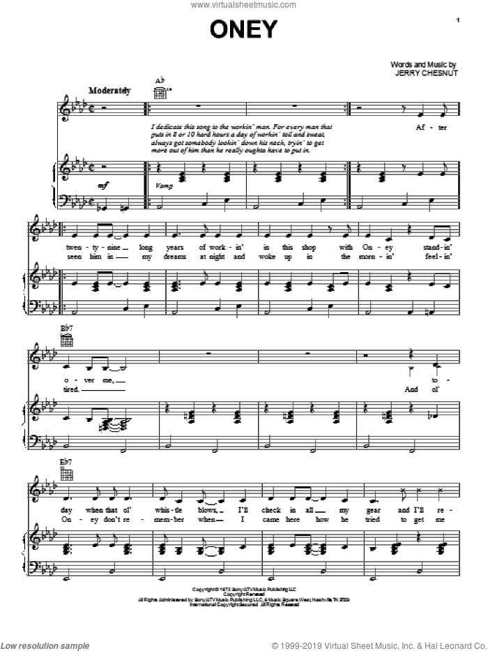 Oney sheet music for voice, piano or guitar by Johnny Cash and Jerry Chesnut, intermediate skill level