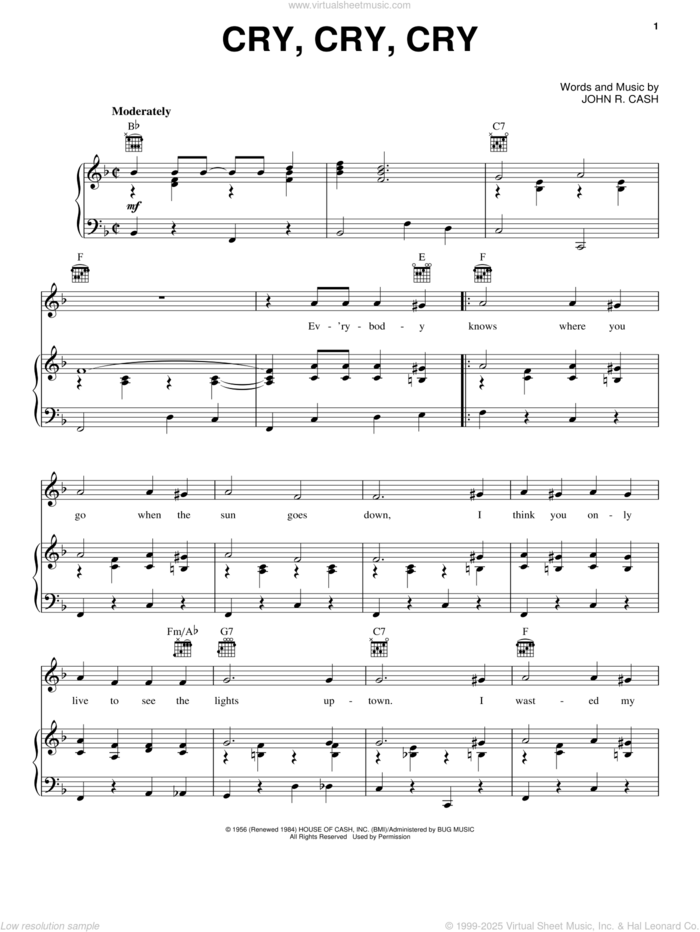 Cry, Cry, Cry sheet music for voice, piano or guitar by Johnny Cash, intermediate skill level