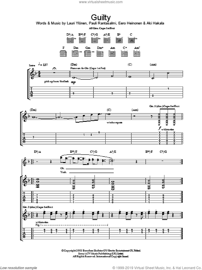 Guilty sheet music for guitar (tablature) by The Rasmus, Eero Heinonen, Lauri Ylonen and Pauli Rantasalmi, intermediate skill level