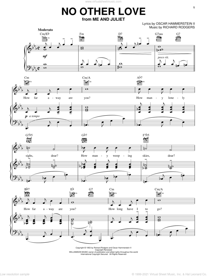 No Other Love sheet music for voice, piano or guitar by Rodgers & Hammerstein, Me And Juliet (Musical), Oscar II Hammerstein and Richard Rodgers, wedding score, intermediate skill level