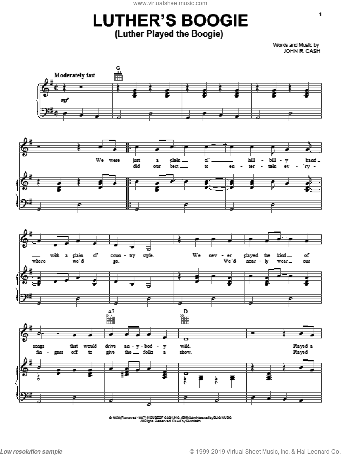 Luther's Boogie (Luther Played The Boogie) sheet music for voice, piano or guitar by Johnny Cash, intermediate skill level