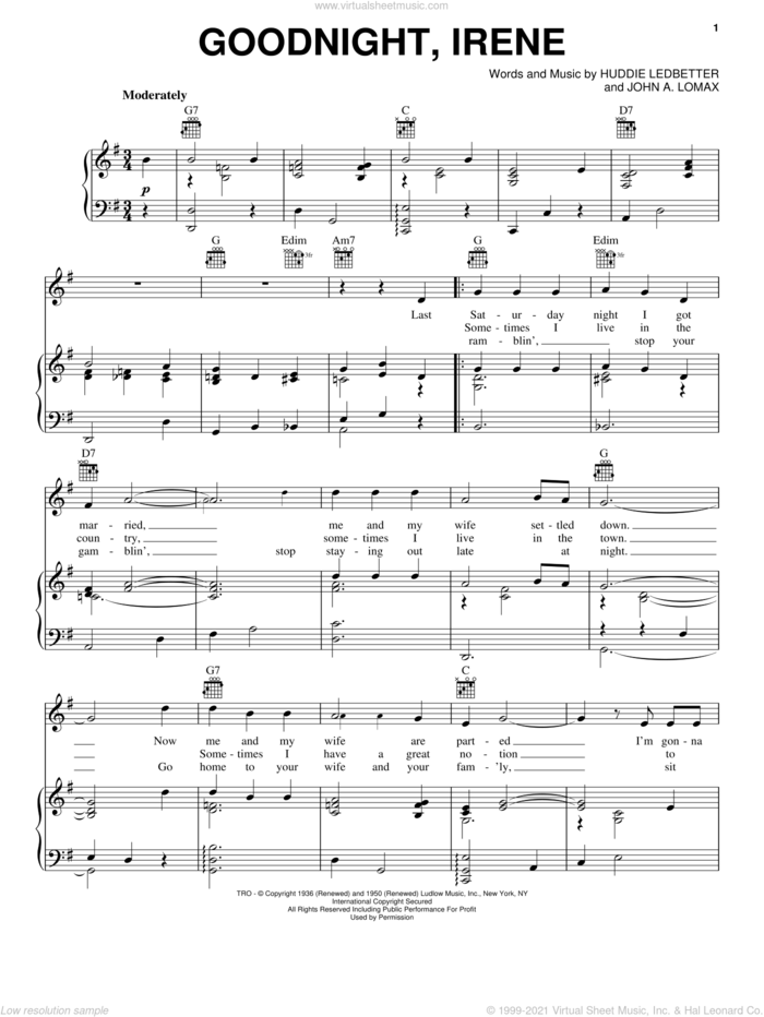 Goodnight, Irene sheet music for voice, piano or guitar by Johnny Cash, Huddie Ledbetter and John A. Lomax, intermediate skill level
