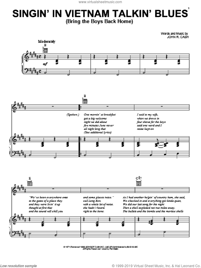 Singin' In Vietnam Talkin' Blues (Bring The Boys Back Home) sheet music for voice, piano or guitar by Johnny Cash, intermediate skill level