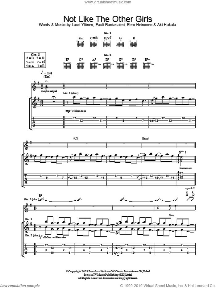 Not Like The Other Girls sheet music for guitar (tablature) by The Rasmus, Eero Heinonen, Lauri Ylonen and Pauli Rantasalmi, intermediate skill level