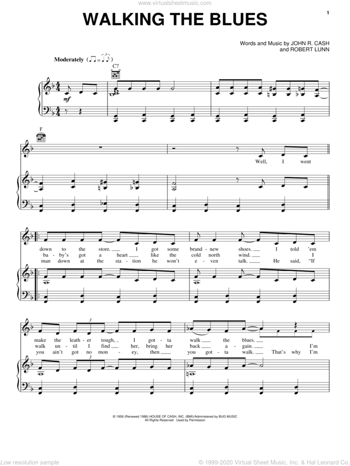 Walking The Blues sheet music for voice, piano or guitar by Johnny Cash and Robert Lunn, intermediate skill level