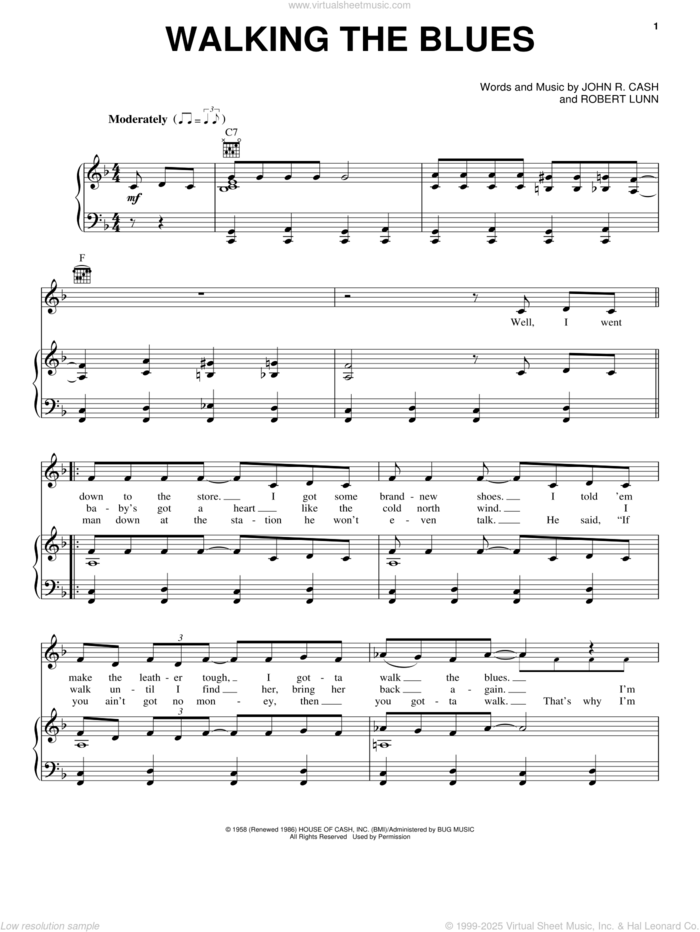 Walking The Blues sheet music for voice, piano or guitar by Johnny Cash and Robert Lunn, intermediate skill level