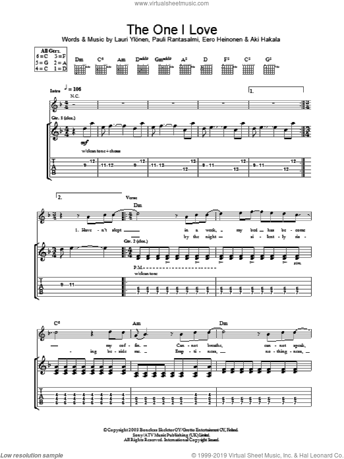 The One I Love sheet music for guitar (tablature) by The Rasmus, Eero Heinonen, Lauri Ylonen and Pauli Rantasalmi, intermediate skill level