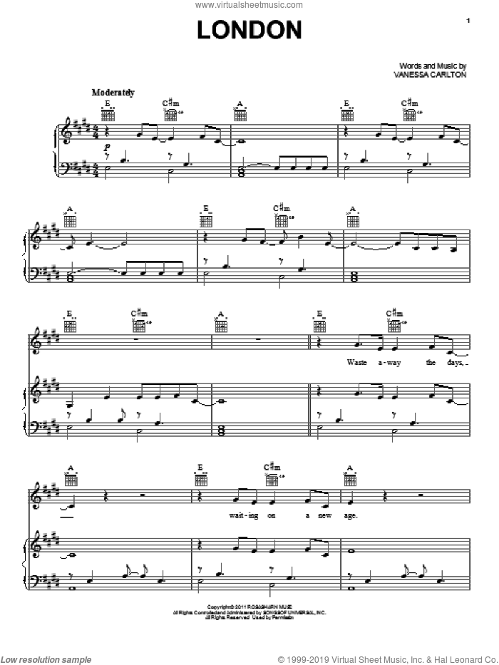 London sheet music for voice, piano or guitar by Vanessa Carlton, intermediate skill level