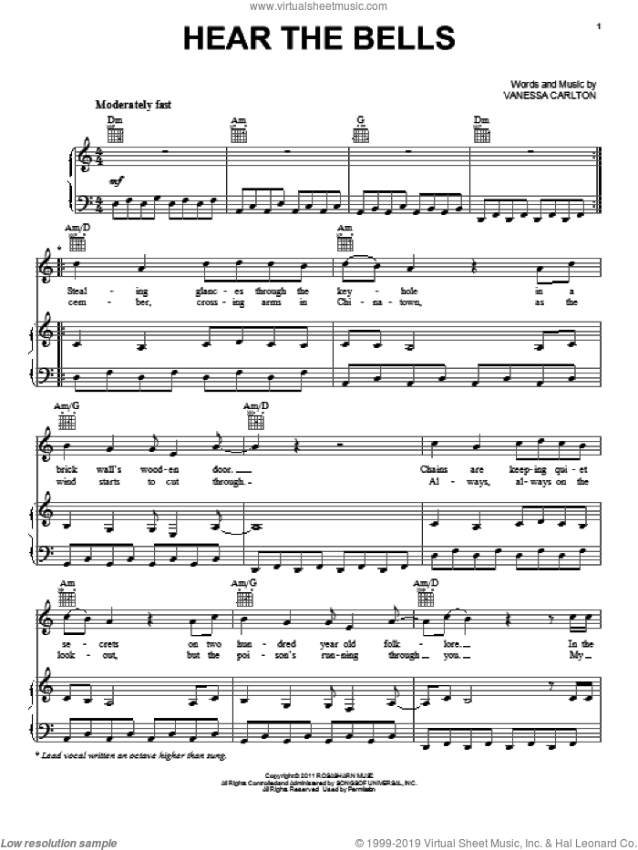 Hear The Bells sheet music for voice, piano or guitar by Vanessa Carlton, intermediate skill level