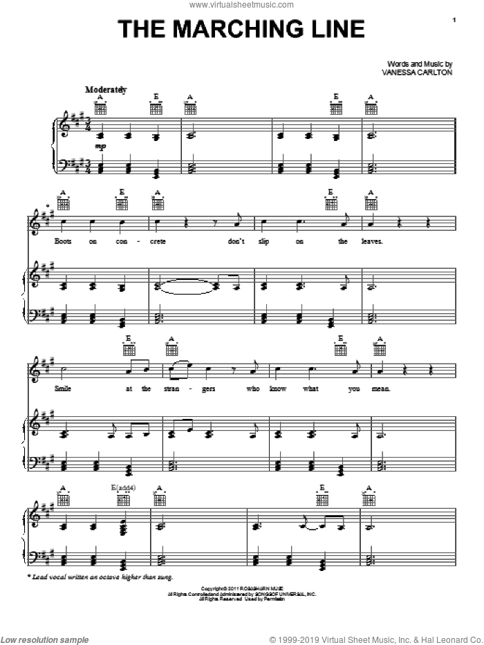 The Marching Line sheet music for voice, piano or guitar by Vanessa Carlton, intermediate skill level