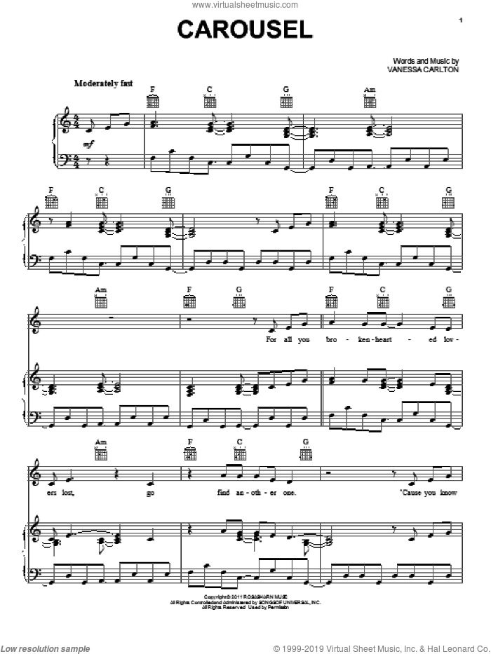 Carousel sheet music for voice, piano or guitar by Vanessa Carlton, intermediate skill level