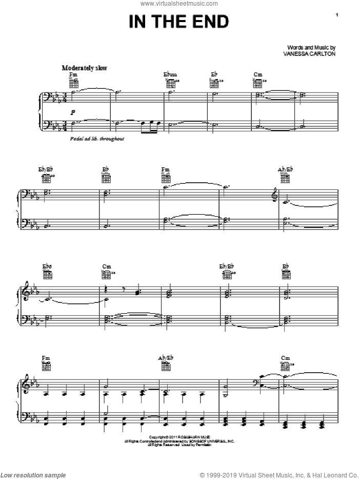 In The End sheet music for voice, piano or guitar by Vanessa Carlton, intermediate skill level