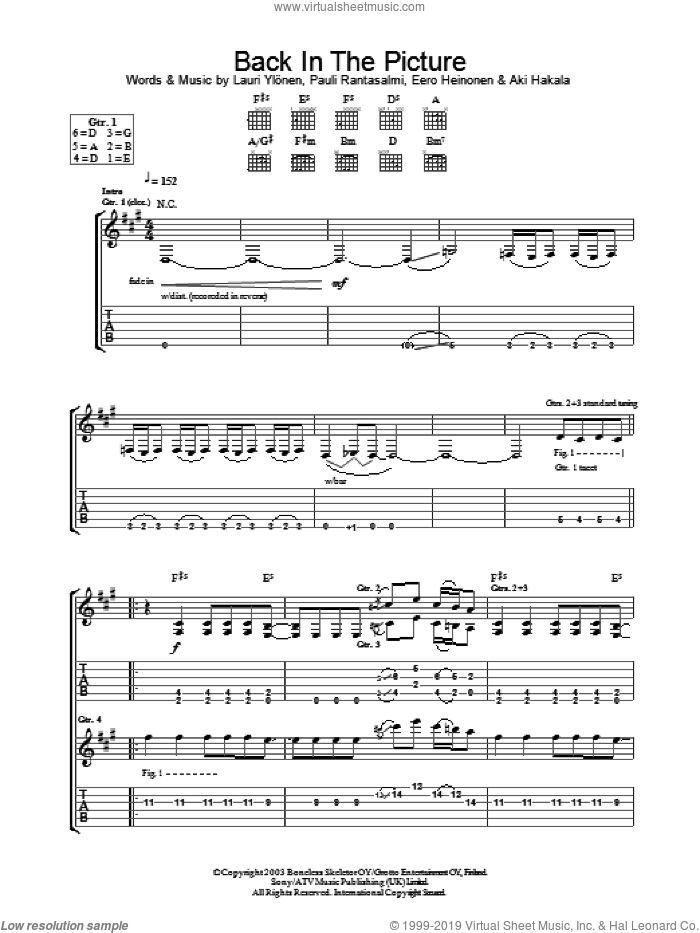 Back In The Picture sheet music for guitar (tablature) by The Rasmus, Eero Heinonen, Lauri Ylonen and Pauli Rantasalmi, intermediate skill level