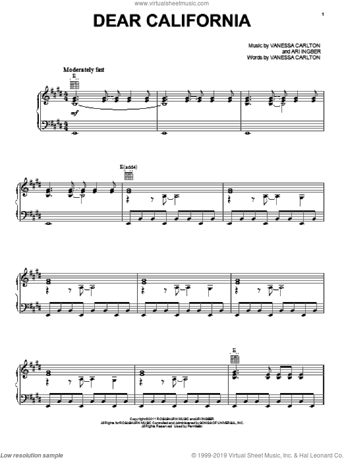 Dear California sheet music for voice, piano or guitar by Vanessa Carlton and Ari Ingber, intermediate skill level
