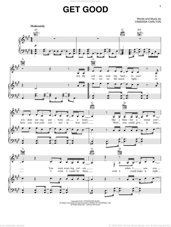 Get Good sheet music for voice, piano or guitar by Vanessa Carlton, intermediate skill level