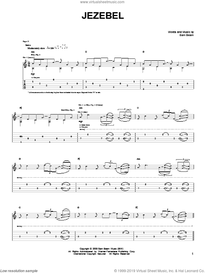 Jezebel sheet music for guitar solo (chords) by Iron & Wine and Samuel Beam, easy guitar (chords)