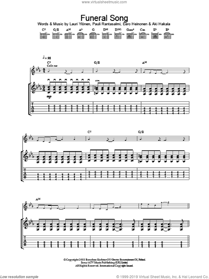 Funeral Song sheet music for guitar (tablature) by The Rasmus, Eero Heinonen, Lauri Ylonen and Pauli Rantasalmi, intermediate skill level