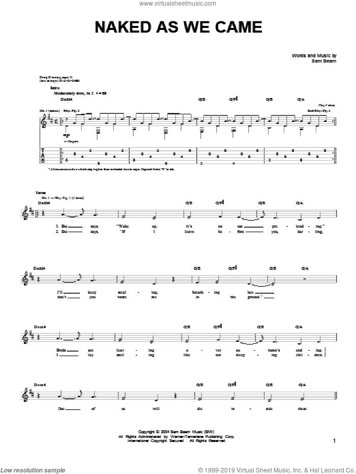 Naked As We Came sheet music for guitar solo (chords) by Iron & Wine and Samuel Beam, easy guitar (chords)