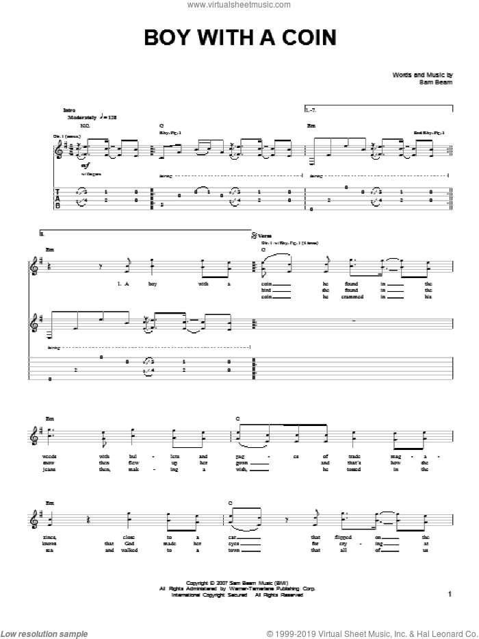 Boy With A Coin sheet music for guitar solo (chords) by Iron & Wine and Samuel Beam, easy guitar (chords)