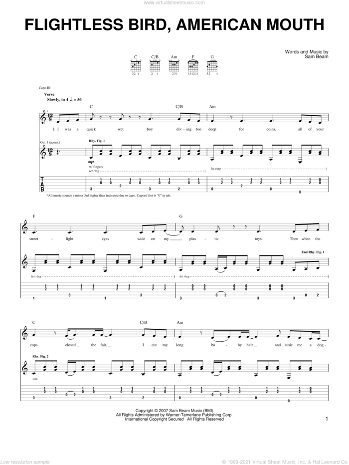 Flightless Bird, American Mouth sheet music for guitar solo (chords) by Iron & Wine and Samuel Beam, easy guitar (chords)
