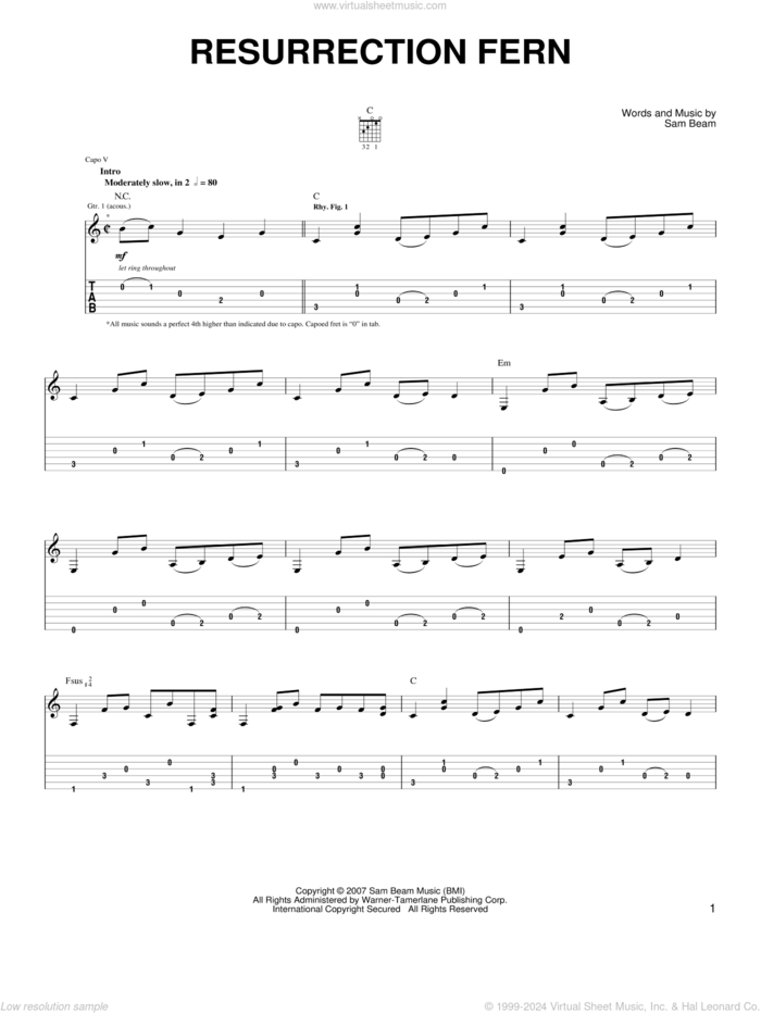 Resurrection Fern sheet music for guitar solo (chords) by Iron & Wine and Samuel Beam, easy guitar (chords)