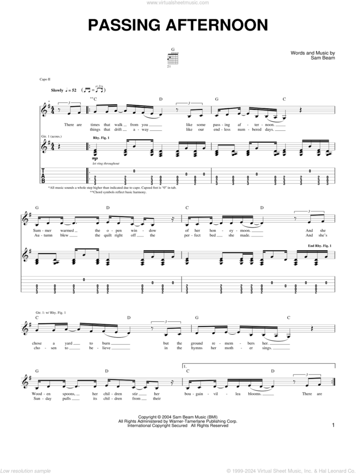 Passing Afternoon sheet music for guitar solo (chords) by Iron & Wine and Samuel Beam, easy guitar (chords)