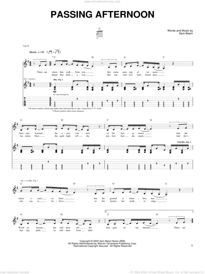 Passing Afternoon sheet music for guitar solo (chords) by Iron & Wine and Samuel Beam, easy guitar (chords)