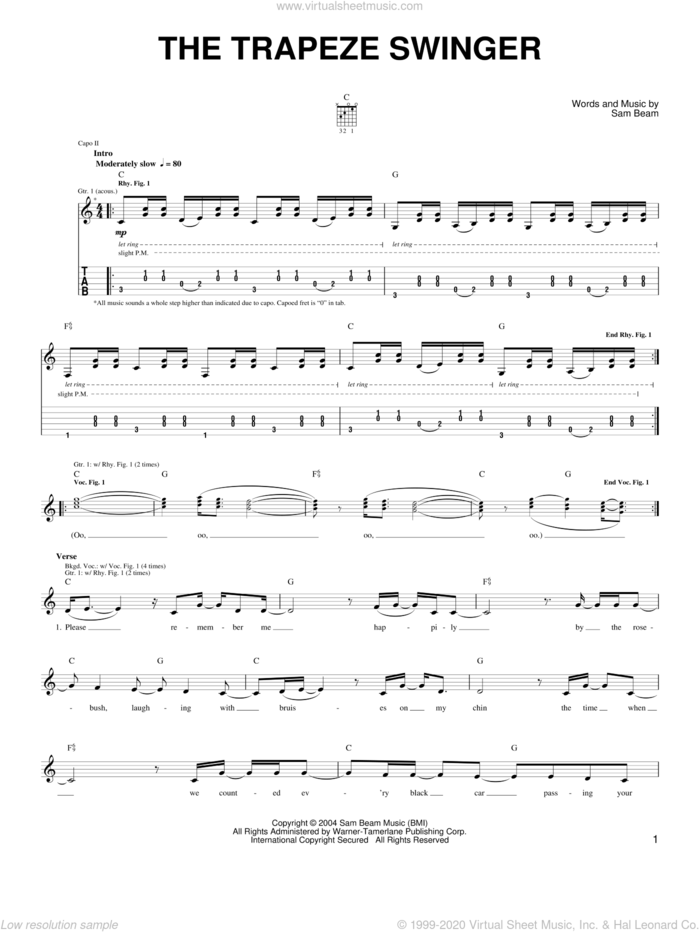 The Trapeze Swinger sheet music for guitar solo (chords) by Iron & Wine and Samuel Beam, easy guitar (chords)
