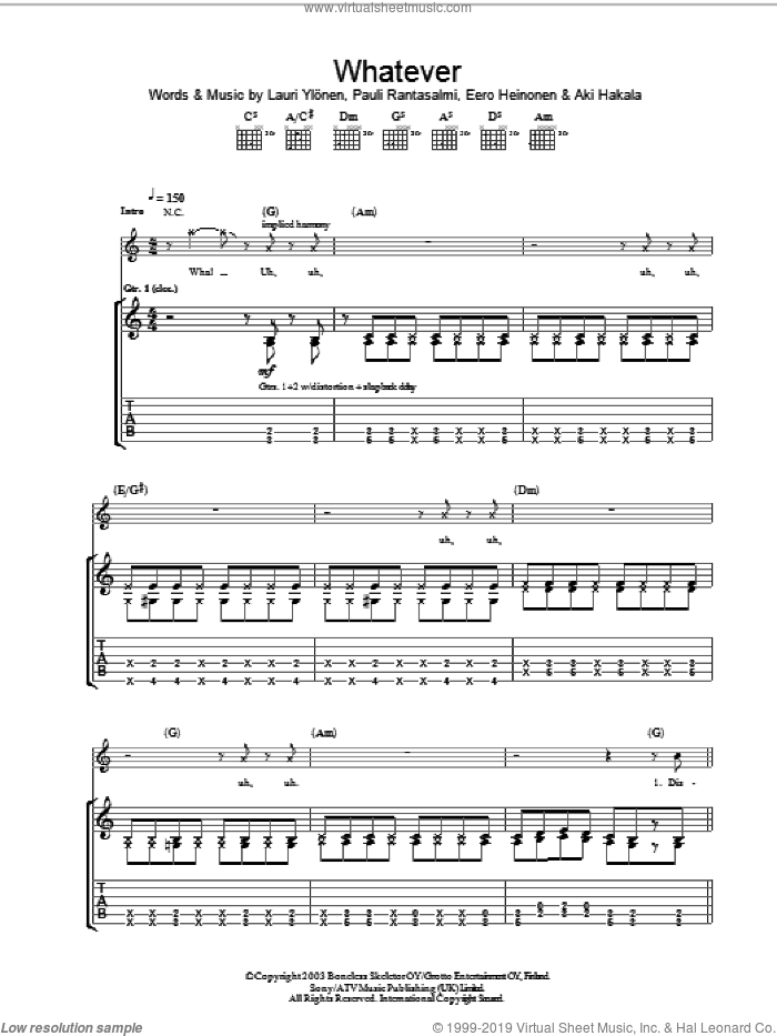 Whatever sheet music for guitar (tablature) by The Rasmus, Eero Heinonen, Lauri Ylonen and Pauli Rantasalmi, intermediate skill level