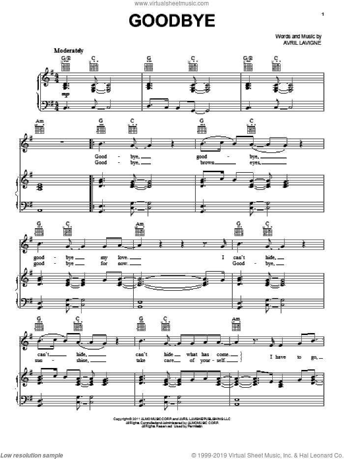 Goodbye sheet music for voice, piano or guitar by Avril Lavigne, intermediate skill level