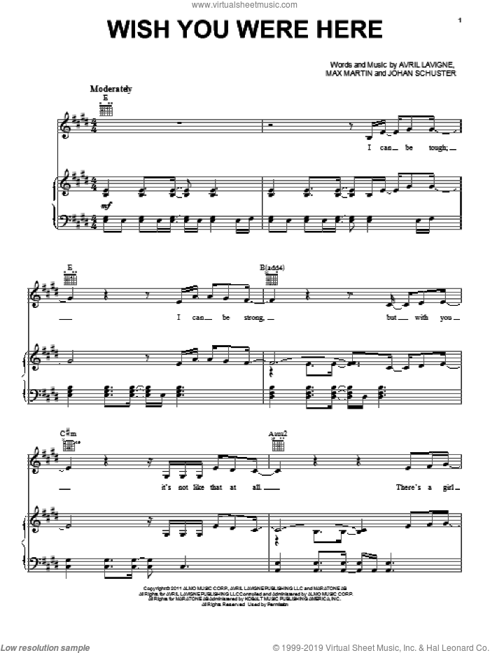 Wish You Were Here sheet music for voice, piano or guitar by Avril Lavigne, Johan Schuster and Max Martin, intermediate skill level