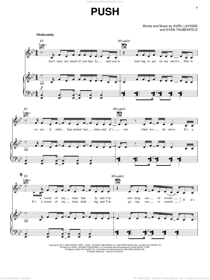 Push sheet music for voice, piano or guitar by Avril Lavigne and Evan Taubenfeld, intermediate skill level